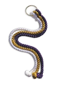 a white and purple rope with two yellow ends on a white back ground, in the shape of a letter s