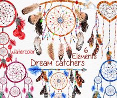 watercolor dream catchers clipart set with feathers and hearts on white background for use in design projects