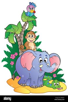 an elephant, monkey and alligator in the jungle