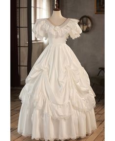 Buy retro princess ballgown satin ruffled wedding dress with bubble sleeves at wholesale price online. Free shipping and pro custom service since 2009. Wedding Dress That Poofs At The Shin, Cheap Spring Princess Dress With Ruffles, Luxury Puff Sleeve Wedding Dress With Ruffles, Luxury White Princess Dress With Ruffles, Luxury Victorian Dress With Ruffles In Satin, Reinessance Wedding Dress Flare Arms, Cheap Princess Dress With Ruffles, 1865 Wedding Dress, Luxury Retro Dresses With Ruffles