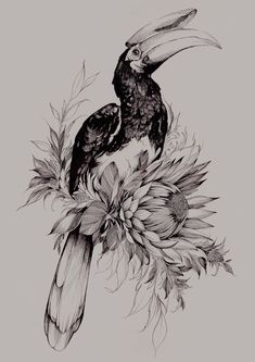 a drawing of two birds sitting on top of a flower