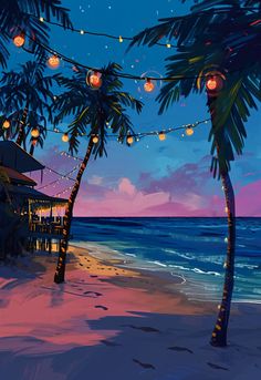 a painting of a beach with palm trees and lights hanging from it's sides