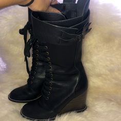 These Wedge Boots Are Gorgeous. Bought At Intermix In Chicago. They Go Just Up To Top Of Calf. There Is A Zipper For Easy On And Off. And A Wrap Around That Has Two Buckles. One Of The Stand Just Needs To Be Taken To Get Glued Back Together (Picture Included). Wedge Heel Is Wood About 3 Inches Boot Wedges, Goth Shoes, Chloe Shoes, Back Together, See By Chloe, Wedge Boots, Book Decor, Moto Boots, Wrap Around