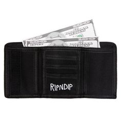 Lord Nermal black tri-fold wallet with velcro closure. Three interior card holders with RIPNDIP logo and zippered back coin compartment. 100% Polyester Imported Velcro Wallet, Lord Nermal, Tri Fold Wallet, Fold Wallet, Trifold Wallet, Tri Fold, Card Holders, Card Holder, Coin