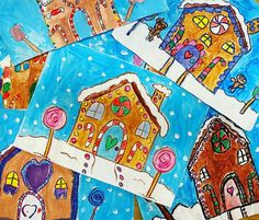 children's art work with gingerbread houses and candy canes