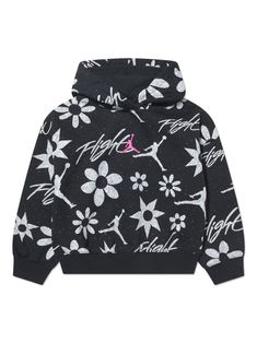 black/white cotton blend all-over graphic print embroidered logo at the chest signature Jumpman motif slouchy hood drop shoulder long sleeves ribbed cuffs and hem Kids Jordans, Hoodie Girl, Girl Top, Colorful Hoodies, Hoodie Print, Black Hoodie, Drop Shoulder, White Cotton, Fashion Branding