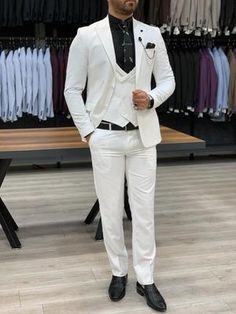 Eros White Slim Fit Wool Suit – brabion White Suit Men, Italian Style Suit, Vest And Pants, White Costumes, Pants Gift, White Suit, Evening Dresses Short, Suits For Sale, Jacket Vest