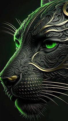 a black and green tiger's head with gold accents on its face, against a dark background