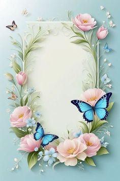 a blue and pink flower frame with butterflies on the top, in front of a light blue background