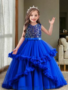 Tween Girl Sequin Layered Tulle Dress Formal Wedding Party Princess Gown, Four Seasons Blue   Sleeveless Mesh Fabric Plain A Line Non-Stretch All Tween Girls Clothing, size features are:Bust: ,Length: ,Sleeve Length: