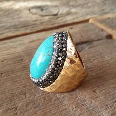 Hammered gold band, open back, adjustable, 18K over brass Adjustable Gold Turquoise Gemstone Ring, Adjustable Gold Turquoise Ring With Oval Shape, Adjustable Gold Oval Turquoise Ring, Elegant Adjustable Gold Turquoise Ring, Unique Gold Open Turquoise Ring, Hammered Gold, Jewelry Manufacturers, Blue Band, Micro Pave