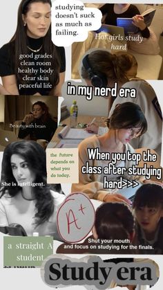 a collage of images with some words and pictures on the bottom right hand corner that says, i'm my nerd era when you top the class after studying hard