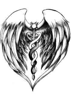 a cadus tattoo design with wings and a snake on the side, in black and white