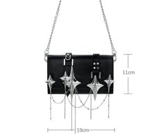 High-Quality Materials: This handbag is meticulously crafted with an exquisite combination of 18K platinum plating and high-end leather, ensuring both durability and a sophisticated appearance. The premium materials used provide a luxurious finish, setting it apart in terms of quality and elegance. Size Details: Measuring 19cm in length and 11cm in height, the Star Trails Chain Handbag Satchel™ offers a compact yet spacious interior, perfect for carrying your essentials. Its versatile size makes it suitable for various occasions, from casual outings to formal events. Novel Design: What truly makes this handbag unique is its distinctive four-pointed star embellishments, adding a touch of individuality and flair. The elegant chain detail further enhances its chic look, making it a stylish ac High-end Black Shoulder Bag For Gift, Luxury Handheld Bag With Chain Strap, High-end Rectangular Shoulder Bag With Chain Strap, Luxury Metal Bags As Gifts, Luxury Metal Bag As Gift, Luxury Chain Bags As Gift, Luxury Chain Bag As Gift, Designer Black Bag With Chain, Luxury Shoulder Bag With Chain As Gift