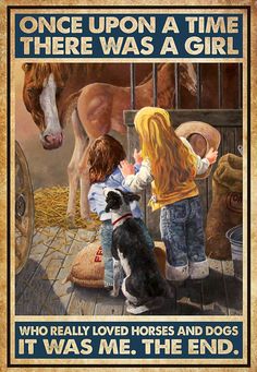 there is a poster with two children and a dog in front of a horse stable