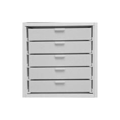 a white dresser with five drawers on it