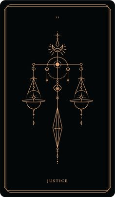 the taroti card for justice is shown in gold and black, with an image of