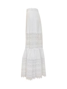 Long skirt. Side zip closure. Lace embroidery detail with transparent effect.Composition: 90% Cotton, 10% Polyester Elegant White Skirt With Cutwork Hem, Elegant Summer Skirt With Cutwork Hem, Chic Summer Skirt With Cutwork Hem, Tropical Lifestyle, Charo Ruiz, Versace Shop, Breezy Dress, Purple Skirt, Gorgeous Bags