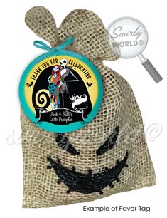 This Nightmare Before Christmas Baby Shower Favor Bag Tag Digital Download will make your special occasion even more spin-chilling! Get the Jack and Sally Skellington Baby Shower Favor Tag with exclusive Pregnant Sally with Jack and dog Zero on front. We offer these Nightmare Before Christmas-themed sticker tags in two handy sizes, 2 inches and 3 inches round. Easily find and purchase compatible sticker labels at onlinelabels.com by searching for "2 in" or "3 in round labels." Creating your "Oogie Boogie" burlap sack party favor is a breeze. Grab small burlap favor sacks, some straw rope or ribbon, and a black magic marker to craft the iconic "Oogie" face on the bag. To achieve the round shape for your favor tag, acquire a 3-inch die-cut puncher from Amazon or Michaels. Print the tags on l Nightmare Before Christmas Party Favors, Nightmare Before Christmas Baby Shower Ideas, Nightmare Before Christmas Babyshower, Diy Baby Shower Favors, Nightmare Before Christmas Party, Nightmare Before Christmas Baby, Christmas Goth, Sally Skellington, Baby Shower Favors Diy