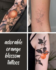 four different tattoos with oranges and flowers on their arms, one for the arm