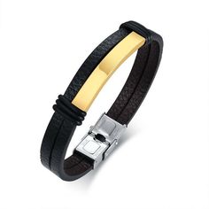 "This Men Black Personalized Leather Bracelets Engraving Customize Info is made of Stainless Steel+Leather.You can engrave with a name, phrase or date of your choosing inscribed on the ID Tag of the bracelet as a personalized gift for yourself or the one you loved.Come to engrave now. ★ Item Description: * Material:High Quality Stainless Steel+Leather * Clasp Type:Toggle-clasps * ID Tag size:41*7mm * Length:20.5cm/8.07Inch * Weight:11g * Color:Gold/Black/Silver * Environmental Standard:Lead, Nic Extraordinary Jewelry, Viking Designs, Personalized Leather Bracelet, Viking Bracelet, Luxury Bracelet, Black Leather Bracelet, Mens Black Leather, Leather Bracelets, Black Stainless Steel