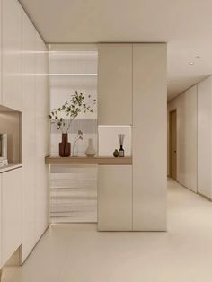 an empty kitchen with white cabinets and plants in vases next to the counter top