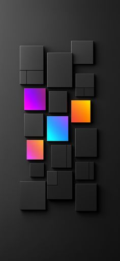 an abstract black background with colorful squares and rectangles