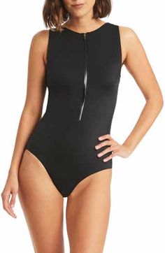 Sea Level Short Sleeve Multifit Front Zip One-Piece Swimsuit | Nordstrom High Neck Swimsuits, Sleeve Swimsuit, High Neck One Piece, Swimsuit Design, Billabong Women, Sea Level, Exposed Zipper, Billabong, Zip Up