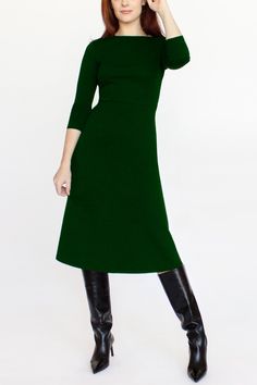 3/4 Sleeve BCI Cotton Boatneck Mid-calf Flared Dress -- Forest Green – Cobalt Stretch Knit Midi Dress, Stretch Midi Length Sweater Dress For Work, Stretch Midi Sweater Dress For Work, Fitted Knit Dress In Solid Color, Fitted Knit Solid Color Dresses, Knee-length Stretch Knit Midi Dress, Stretch Knit Midi Dress Knee-length, Solid Knit Fitted Dresses, Stretch Knit Knee-length Midi Dress