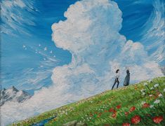 a painting of two people standing on top of a hill