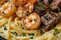 pasta with shrimp, steak and shrimp on it