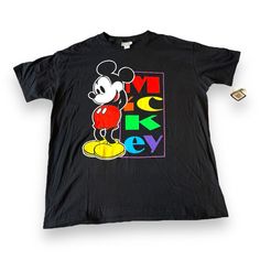 Vintage 90's Mickey Mouse Tee In Plus Sized One Size Fits All. New With Tags. 90s Inspired Black T-shirt With Graphic Print, 90s Inspired Black Graphic T-shirt, 90s Inspired Black Graphic Print T-shirt, 90s Inspired Black Graphic Print Top, 90s Inspired Black Top With Graphic Print, 90s Inspired Black Crew Neck Top, 90s Inspired Black Cotton Tops, Fun Black Mickey Mouse T-shirt, 90s Inspired Black Cotton T-shirt