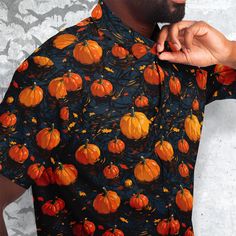 ❗❗ Size chart guide and drop-down menu shows product measurements taken when products are laid flat ❗❗ Pumpkin spice and everything nice, floating in the dark waters of Halloween night. Halloween Short Sleeve Button-up Shirt features Exclusive, original artwork by Neoskull. Each item is individually printed, cut, and sewn to ensure a flawless graphic with no imperfections. A great addition to Your spooky clothing wardrobe. Stay cool with this fun printed short-sleeve button-up shirt. It comes in Halloween All Over Print Short Sleeve Tops, Halloween Short Sleeve Tops With All Over Print, Halloween All-over Print Short Sleeve Tops, Casual Halloween Shirt With All Over Print, Fall Short Sleeve Tops With All Over Print, Halloween All Over Print Short Sleeve T-shirt, Halloween Themed Short Sleeve T-shirt With All Over Print, Black Short Sleeve Shirt For Halloween, Fall Season Printed Short Sleeve Shirt