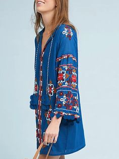 Casual style. Bomber 3/4 long sleeve. European design. Short dress. 100% cotton. V- neck. Colors embroidery details . Pull on. Color may be lighter or darker depending the device it is displayed. Blue Boho Dress, Dress With Fringe, Daisy Dress, Floral Shirt Dress, Loose Fitting Dresses, Blue Embroidery, European Designs, Long Sleeve Midi, Jewel Neck