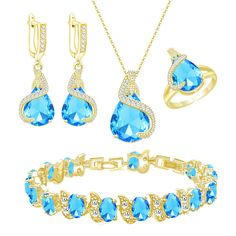 PRICES MAY VARY. ❤ITEMS YOU WILL GET❤: A ring, a pair of earrings, a pendant and necklace set, a bracelet, and a gift box. ❤JEWELRY SET FOR WEDDING❤: This bright and luxurious gold-plated jewelry set is elegant and unique. Transparent and pure sky blue teardrop stone is suitable for a outdoor wedding with light colored dresses. Also great as a Valentine's Day Mother's Day birthday present for your wife, mom, best friend and yourself. ❤MATERIALS AND SPECIFICATIONS❤: This jewelry set is 18K gold p Mom Best Friend, Bracelet Wedding, Prom Jewelry, Blue Stones, Birthday Gifts For Best Friend, Earrings Pendant, Box Jewelry, Wedding Jewelry Sets, Open Ring