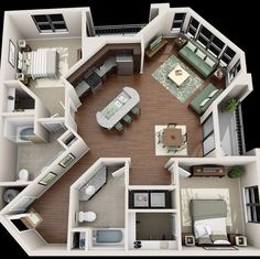 the floor plan of a two bedroom apartment with living room, dining area and kitchen