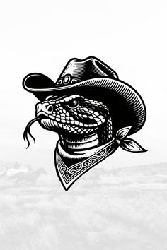 a black and white drawing of a snake wearing a cowboy hat