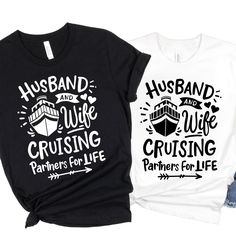 This matching newlywed cruise trip shirt is the perfect shirt for your anniversary cruise together! Our husband and wife cruise ship graphic tee is great for matching cruise shirts for a married couple. AT CHECKOUT: (1) Shirt Size (2) Shirt Color (PICTURED:  Black and white) This listing is for a shirt only; any other items pictured are not included.  SHOP POLICIES  ❀ Please LAUNDER inside out on gentle cycle to ensure longevity. Iron inside out. ❀ See the listing photos for the SHIRT SIZING CHA Wedding Cruise Shirts, Cruise Honeymoon Shirt, Anniversary Cruise Shirts Ideas, Cruise Shirts Ideas For Couples, Matching Cruise Shirts Couple, Cruise Couple Shirts, Husband And Wife Cruise Shirts, Cruise Tshirt Ideas Couples, Honeymoon Cruise Shirts