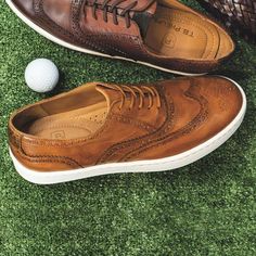 Clubhouse Wingtip Sheepskin Sneaker in Tan (Size 9 1/2) by T.B. Phelps Leather Golf Shoes With Plain Toe, Classic Leather Wingtip Golf Shoes, Classic Leather Golf Shoes With Textured Sole, Leather Golf Shoes With Textured Sole And Round Toe, Classic American Style, Dog Socks, Brown Dog, T B, Classic American