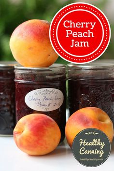 peach jam in jars with label for cherry peach jam on top and two peaches next to it