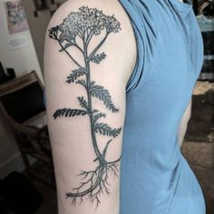 a woman with a tattoo on her arm has a plant growing out of the ground