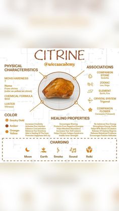 a poster with information about citrine and its health benefits on it's side