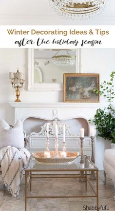 a living room filled with furniture and a chandelier above the coffee table in front of a fireplace