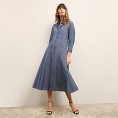 The Pepper is the day-to-night dress of your dreams. Featuring a soft, lightweight chambray and a flowy, flouncy skirt, this stunner is easy-care and channels everyday elegance. Made in Vietnam with fabric from Japan. Elegant Summer Denim Dress For Workwear, Elegant Blue Denim Dress For Day Out, Chic Spring Denim Dress, Spring Chic Denim Dress For Casual Occasions, Spring Chic Denim Dress For Casual Events, Elegant Summer Denim Dress For Day Out, Chic Relaxed Fit Denim Dress, Spring Maxi Length Shirt Dress, Summer Midi Dress For Work With Flowy Skirt