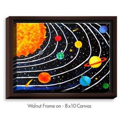 an art print with the planets and sun on it, framed in a wooden frame