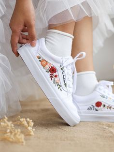 "Price includes: Shoes + Embroidery as shown Converse Custom shoes are meticulously hand-embroidered with non-fading thread, sturdy and durable. Embroidered Converse shoes can be used for daily use, school shoes, wedding shoes for brides,... Will definitely be a unique gift for girlfriends, niece gifts, daughter gifts, men's gifts,... or any of your relatives. Let me help you pack and send them as gift boxes, you just need: Select \"Gift wrapping available\" when ordering To customize gift boxes, gift wrapping paper suitable for birthdays, Christmas gifts.... please leave a message In addition, I can also help you leave a handwritten message through a lovely card. 1. CUSTOM  In addition to the embroidery patterns I post, I am happy to receive embroidery patterns ordered by you, for example Embroidered Wedding Sneakers, Custom Wedding Converse, Embroidered Shoes Wedding, Embroidered Vans Wedding, Vans Wedding Shoes, Vans Wedding, Embroidered Wedding Shoes, Burnt Orange Flowers, Bride Sneakers