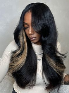 Hair color: Jet Black with Chunky Blonde Highlights</BR>

Hair length: 20 Inches</BR>

Hair density: 200%</BR> Blonde Skunk Stripe, Black Hair With Blonde, Blonde Highlights Hair, Chunky Blonde Highlights, Blond Highlights, Blonde Curly Wig, Black Hair Wigs, Full Lace Wig Glueless, Skunk Stripe