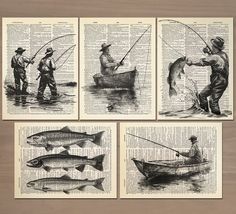 four old book pages with men fishing on them