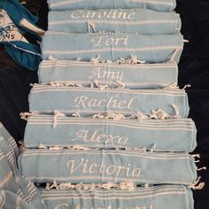 towels with names on them are laid out