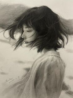 a drawing of a woman with her hair blowing in the wind